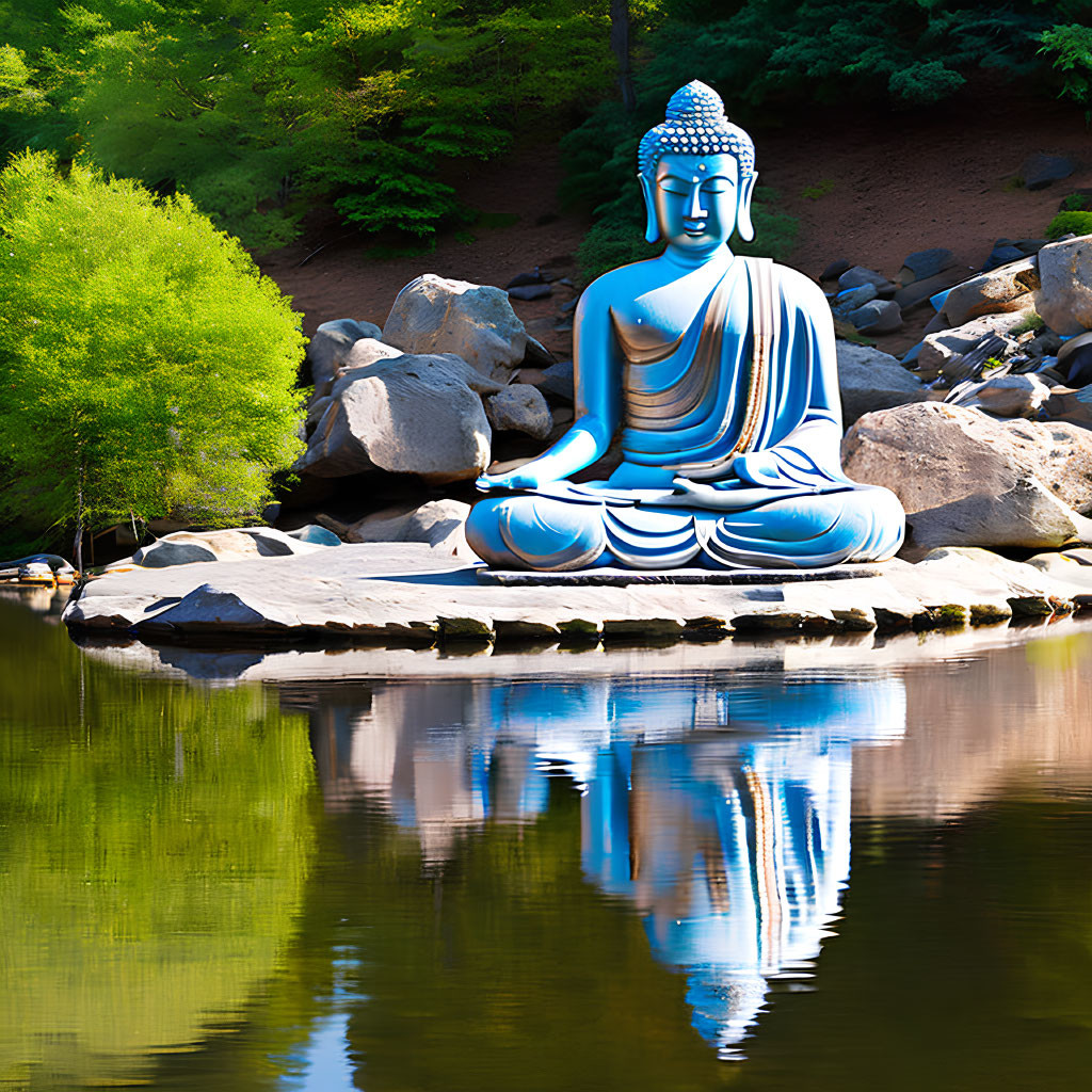 Large Blue Buddha Statue Surrounded by Nature and Water