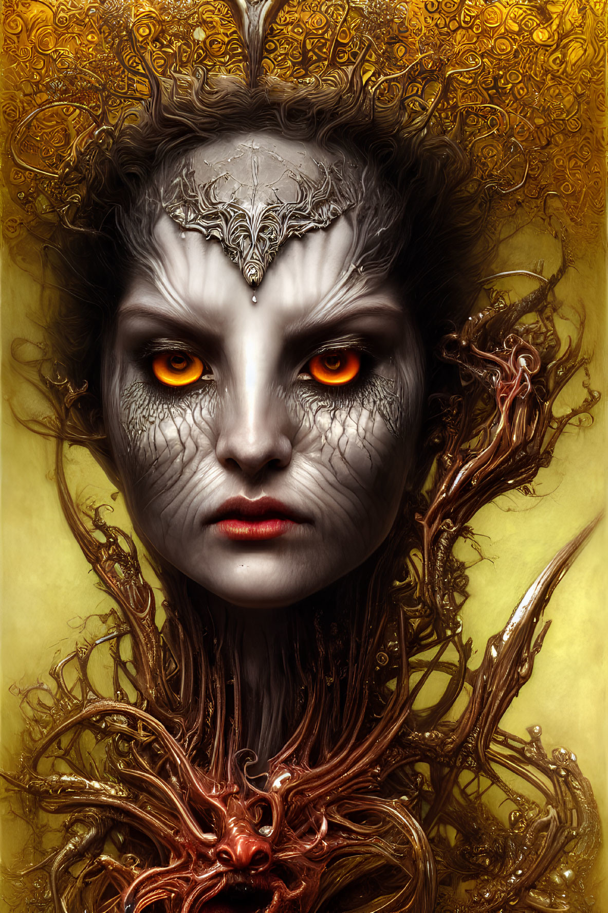 Detailed digital portrait of a woman with fantasy theme: orange eyes, ornate headpiece, tree-like