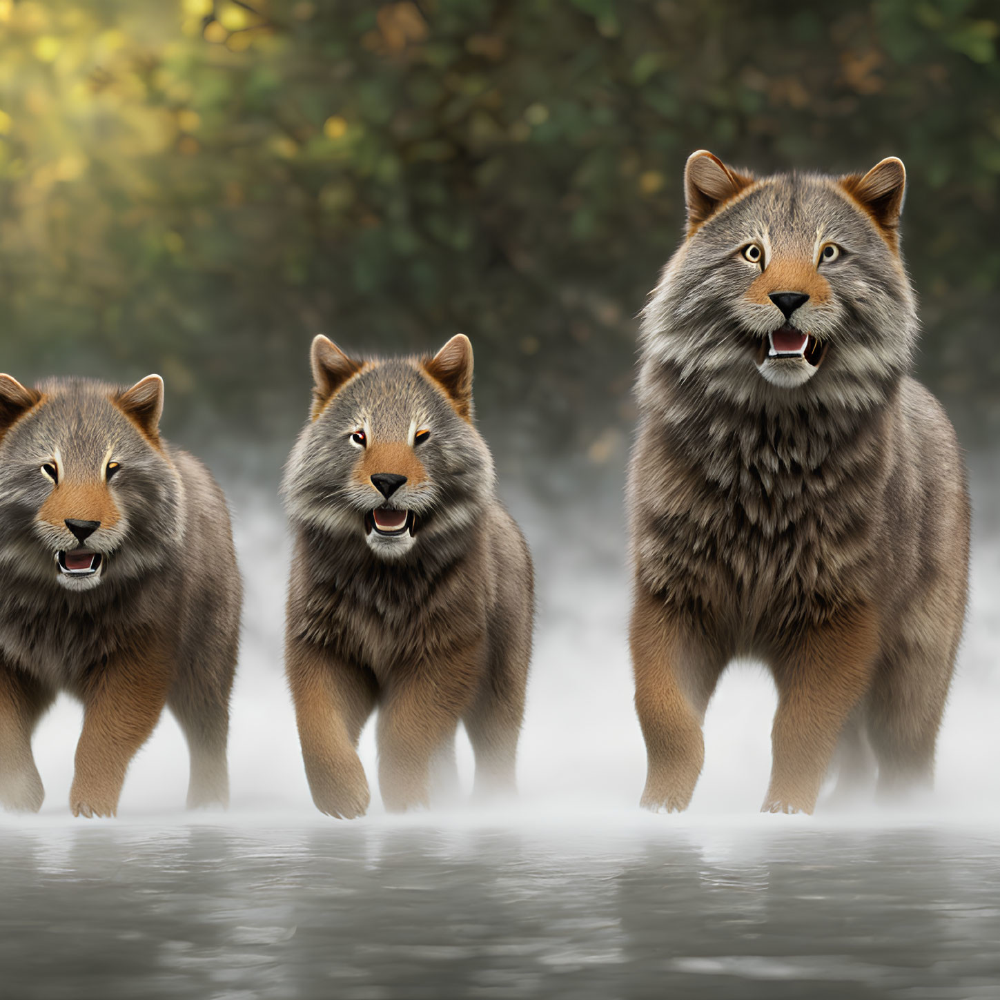 Three animated wolves with human-like facial expressions in misty forest.