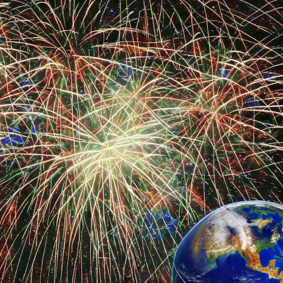 Colorful fireworks illuminate Earth from space in vibrant display