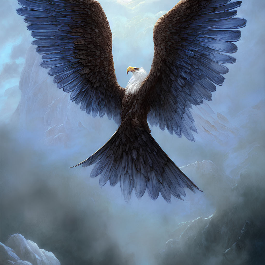 Majestic eagle soaring over misty mountains