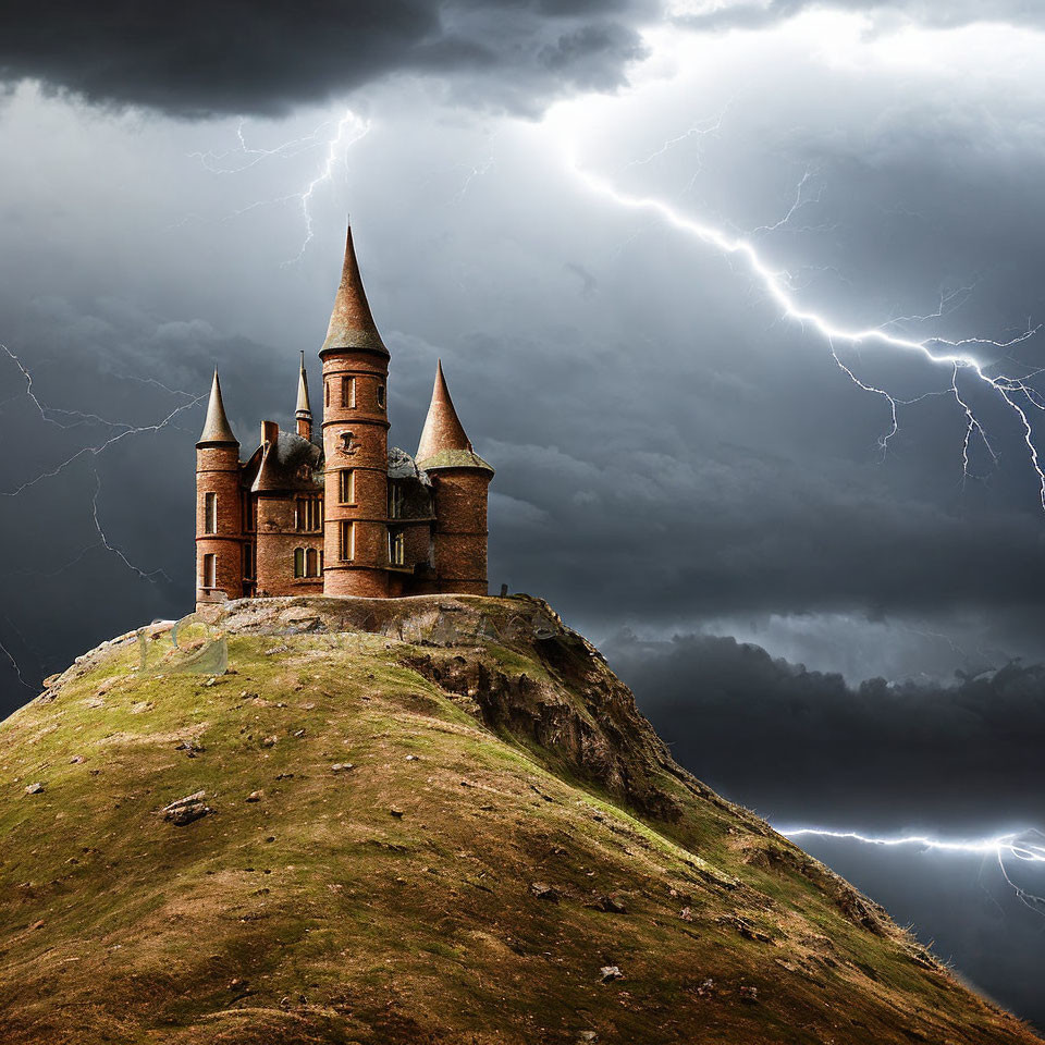 Castle with Tall Spires on Hill in Stormy Sky with Lightning