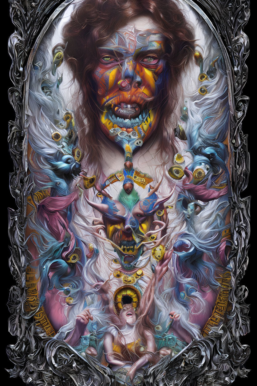 Detailed surreal artwork: Colorful creature with multiple eyes and hands in ornate frame