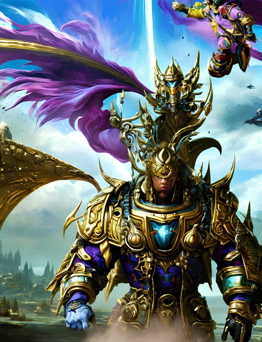 Golden Armored Warrior with Plumed Helmet and Purple Energy Figure