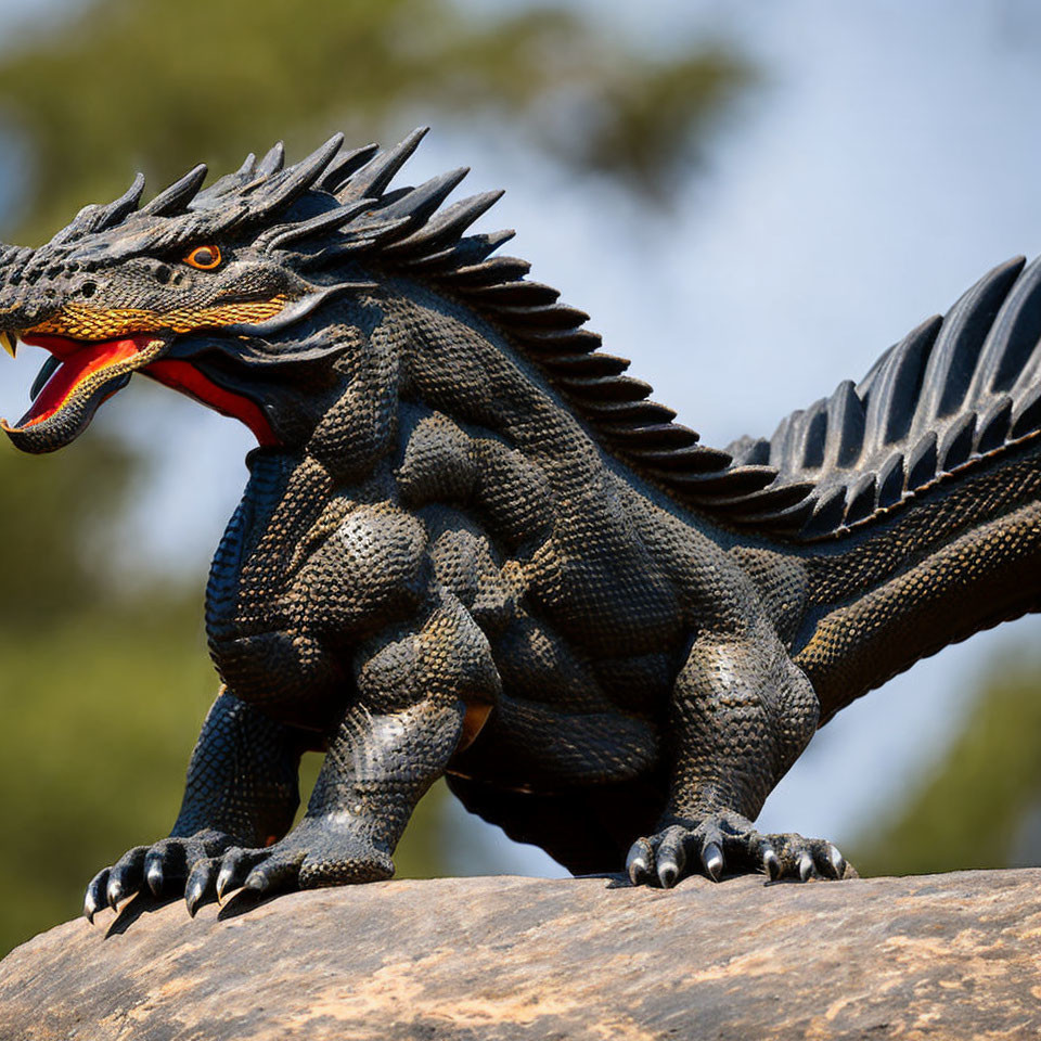 Detailed statue of fearsome dragon perched on rock with sharp scales, wings folded, mouth open.