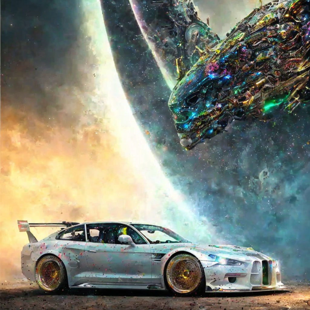 White Sports Car with Gold Rims on Celestial Background with Nebula and Spaceship