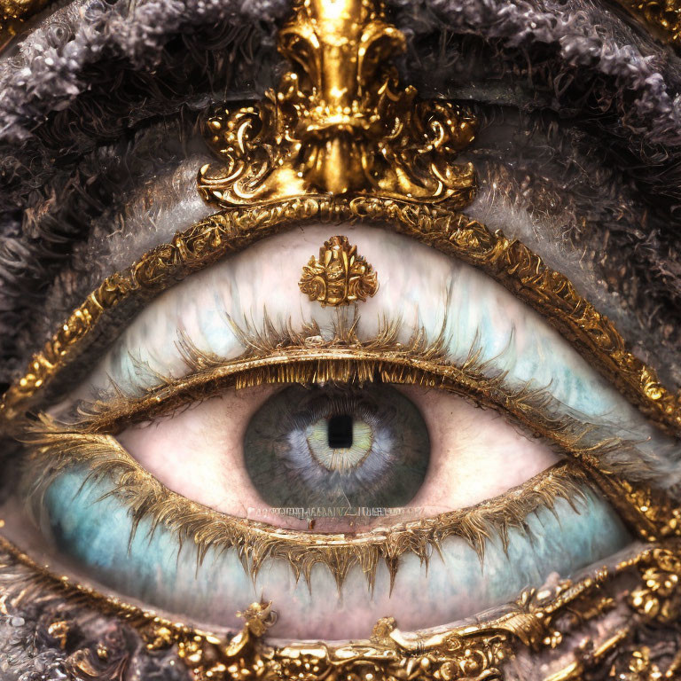 Detailed Close-Up of Surreal Human Eye with Golden Frames and Fur-Like Textures