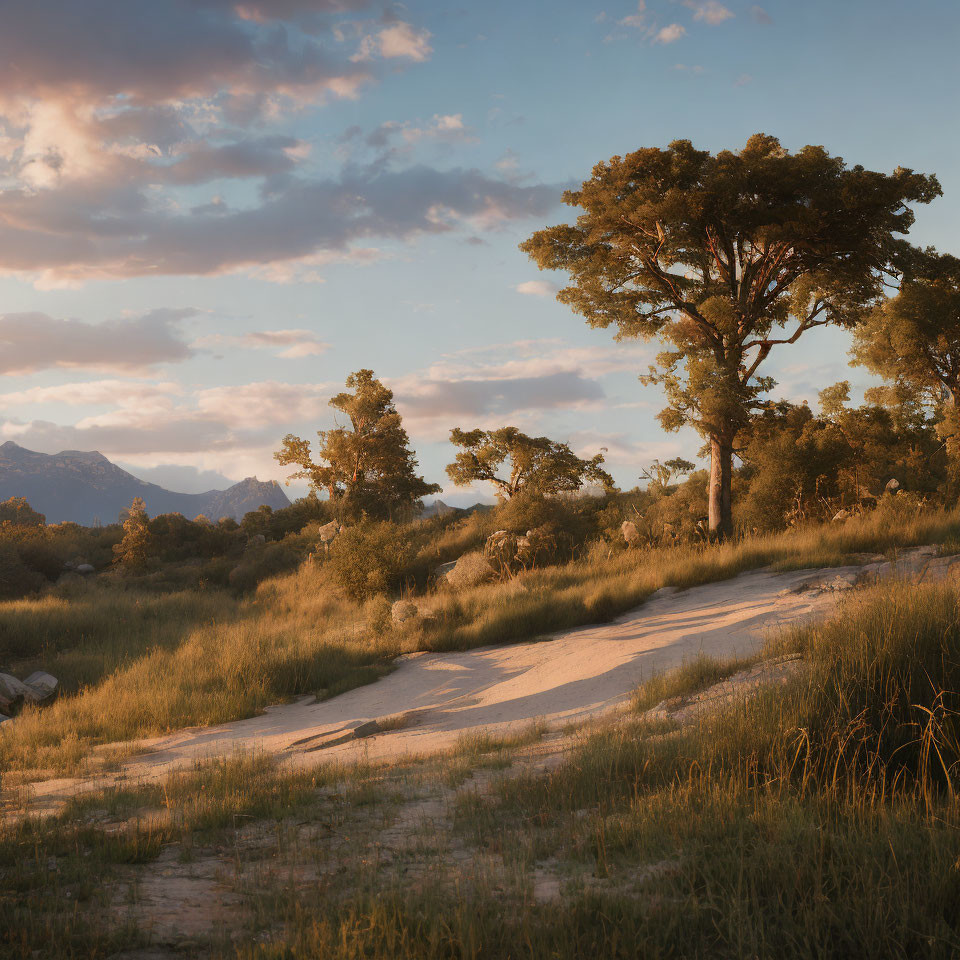 Tranquil Golden Hour Landscape with Winding Path and Tree