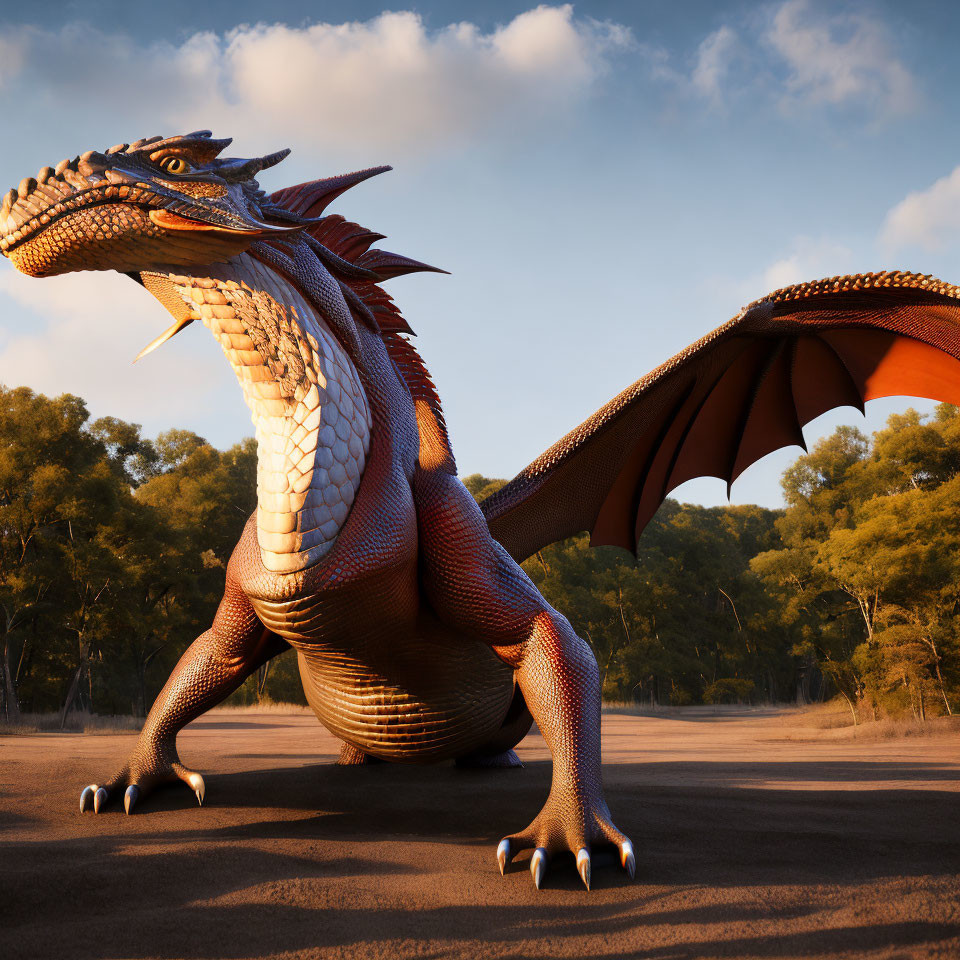 Majestic orange and white dragon in sunlit forest clearing