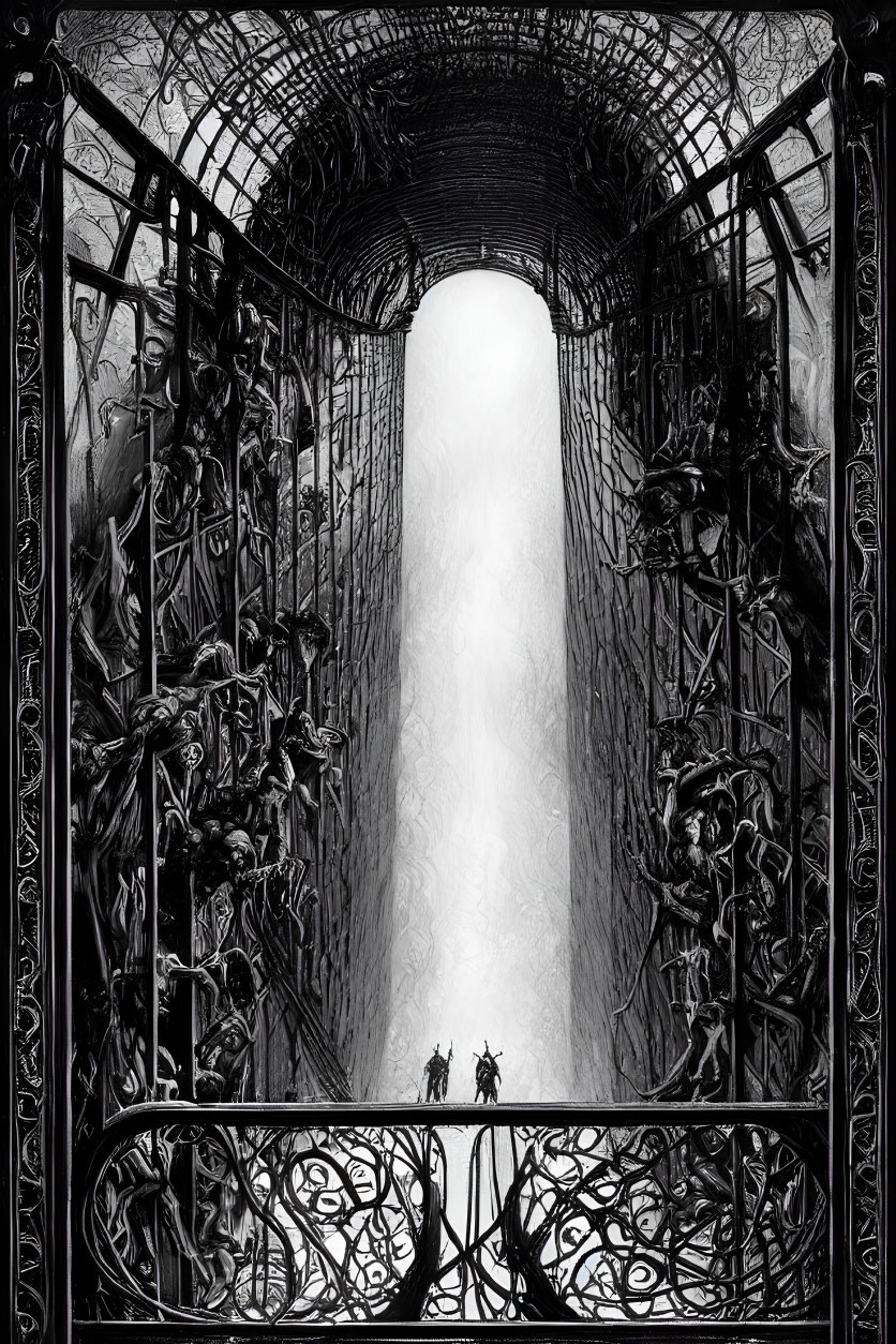 Monochrome fantasy artwork featuring figures at ornate archway