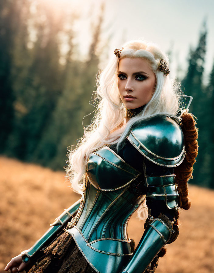 White-haired woman in fantasy armor poses in forest at dusk.