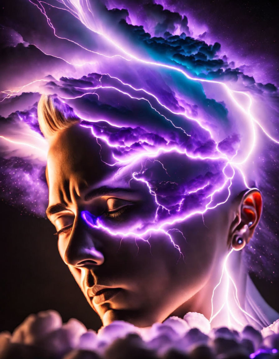 Vivid purple lightning arcs around a person with a mohawk