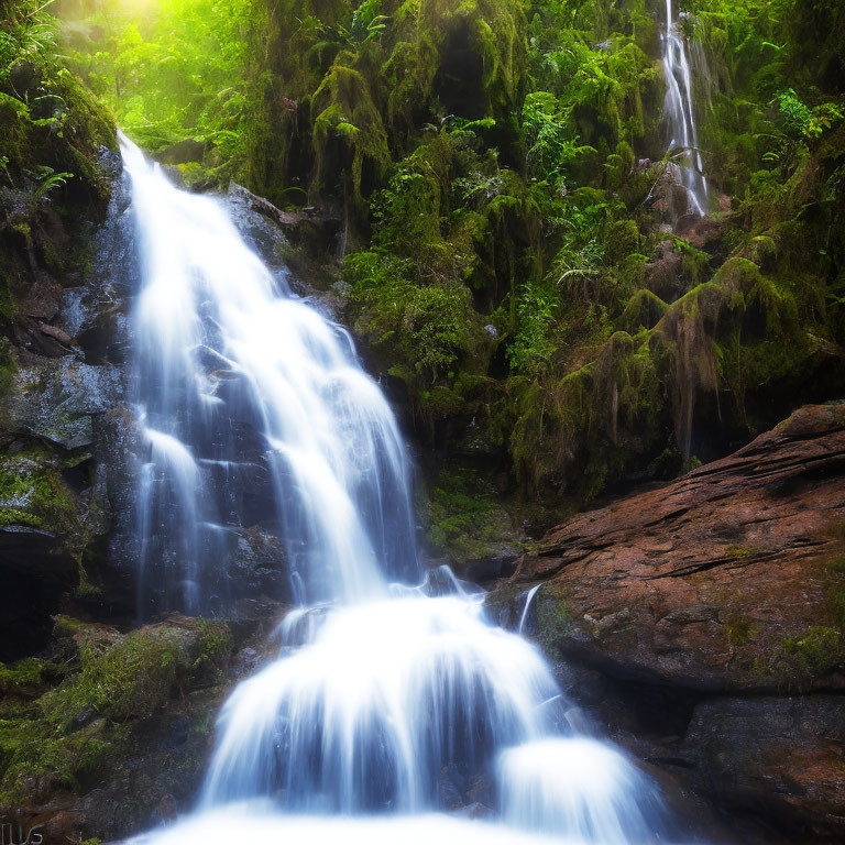 Tranquil waterfall over mossy rocks in lush setting