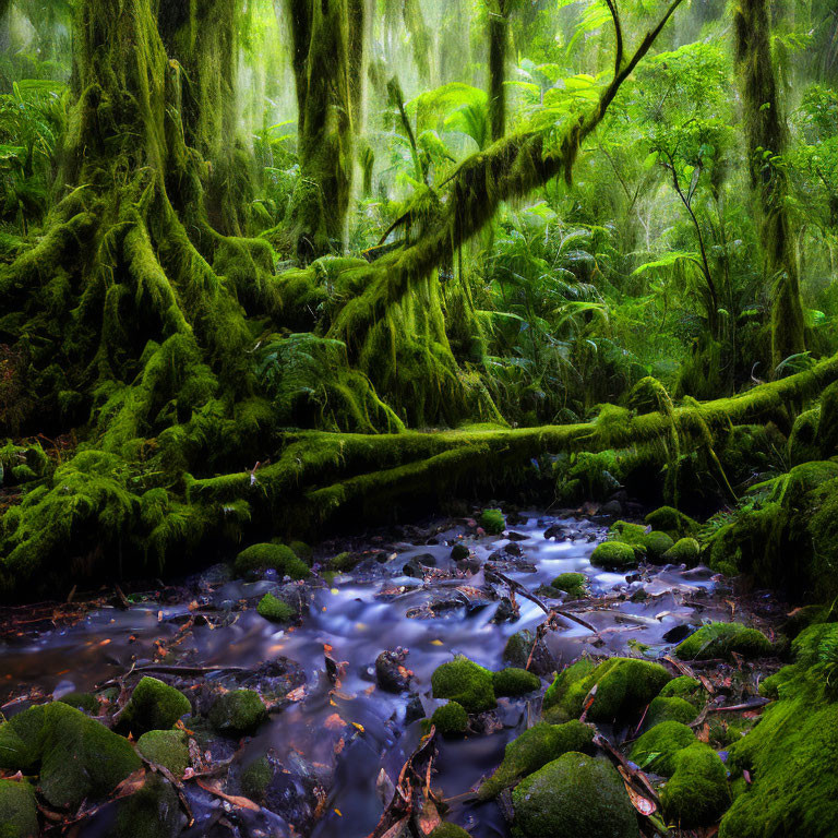 Serene forest with moss-covered trees and flowing stream