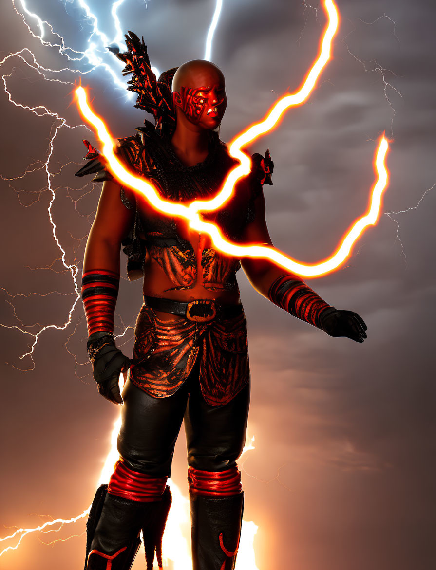 Glowing red patterned warrior with lightning backdrop