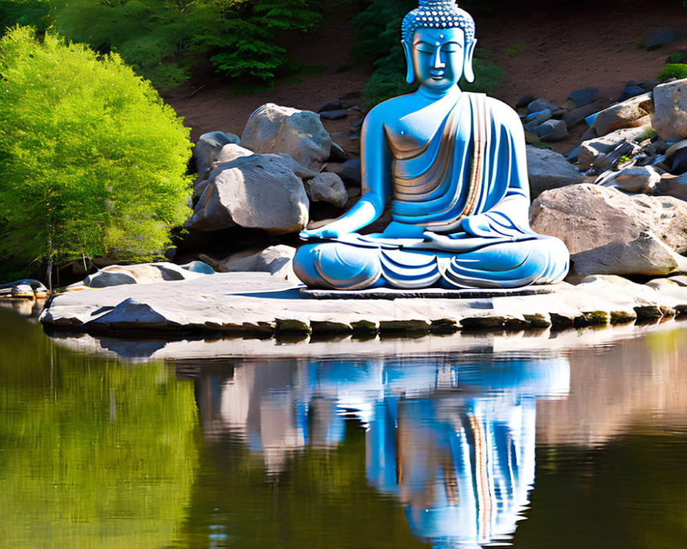 Large Blue Buddha Statue Surrounded by Nature and Water