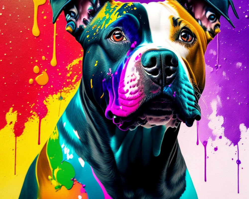 Colorful portrait of a dog with neon paint splashes on bright background