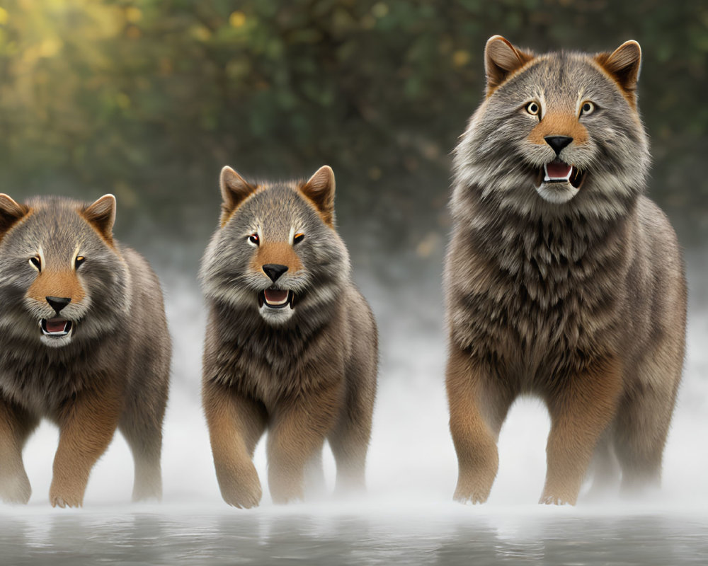 Three animated wolves with human-like facial expressions in misty forest.