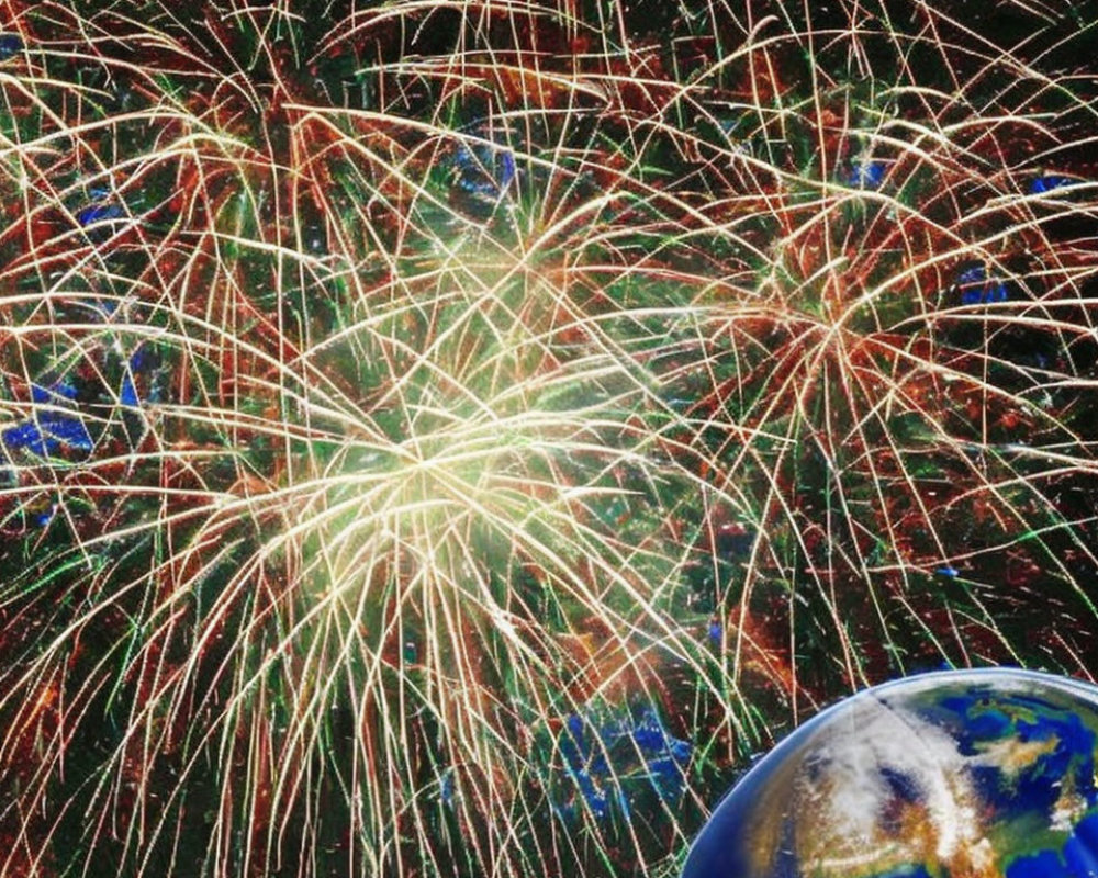 Colorful fireworks illuminate Earth from space in vibrant display