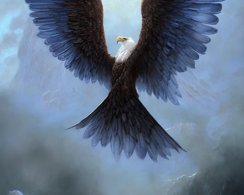 Majestic eagle soaring over misty mountains