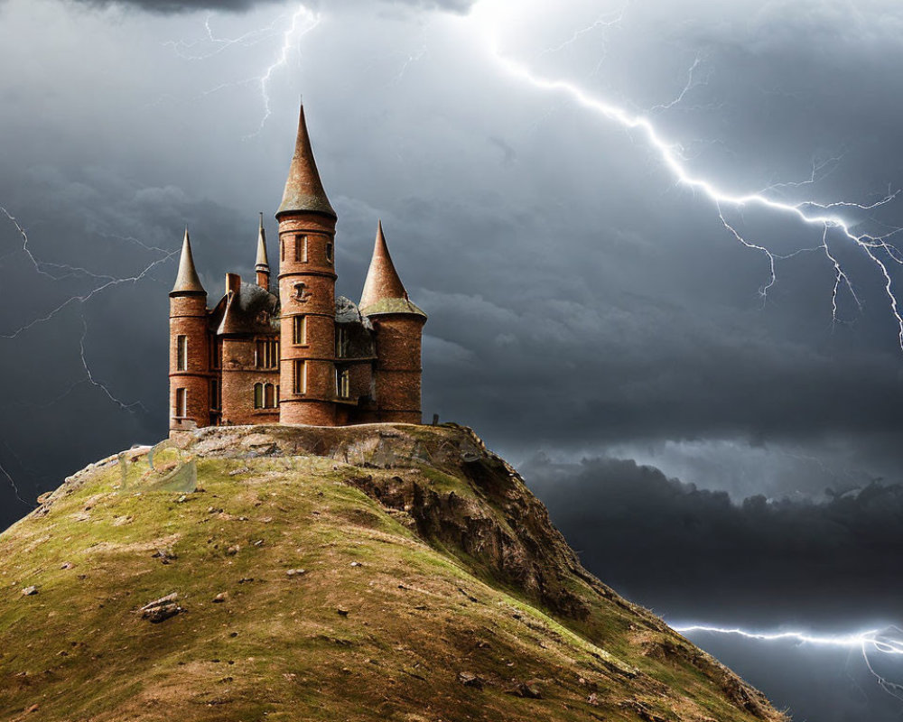 Castle with Tall Spires on Hill in Stormy Sky with Lightning