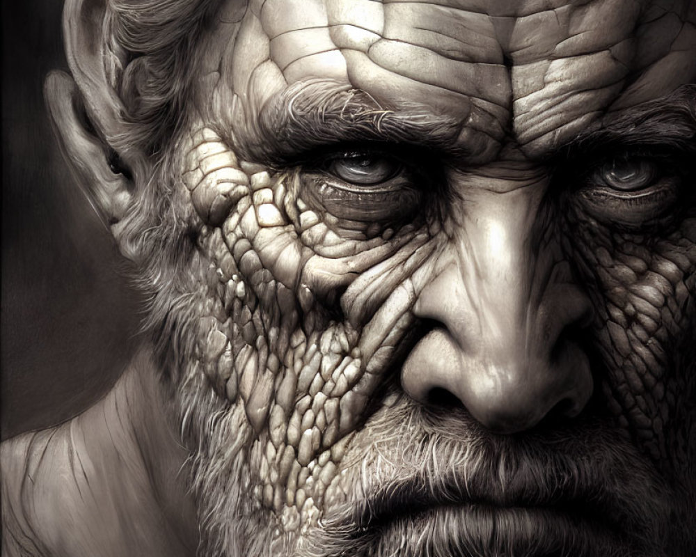 Detailed monochromatic portrait of gritty elderly man with intense eyes and textured skin.