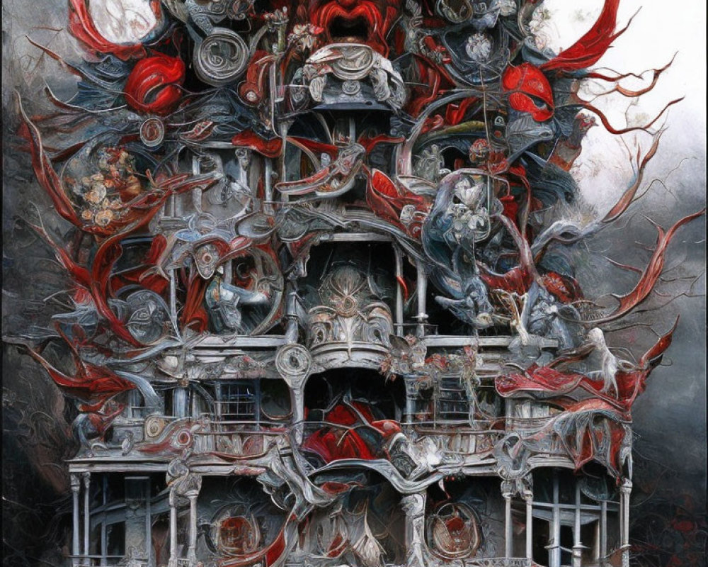 Surrealist image of haunting, multi-faceted structure with figures and faces