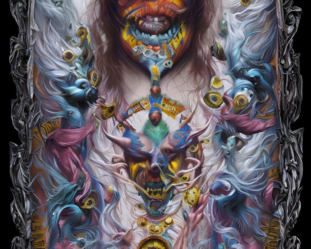 Detailed surreal artwork: Colorful creature with multiple eyes and hands in ornate frame