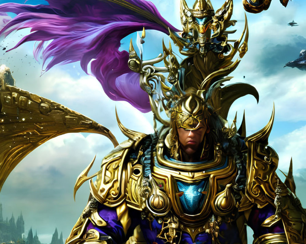 Golden Armored Warrior with Plumed Helmet and Purple Energy Figure