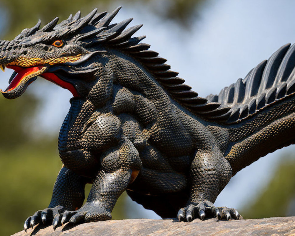 Detailed statue of fearsome dragon perched on rock with sharp scales, wings folded, mouth open.