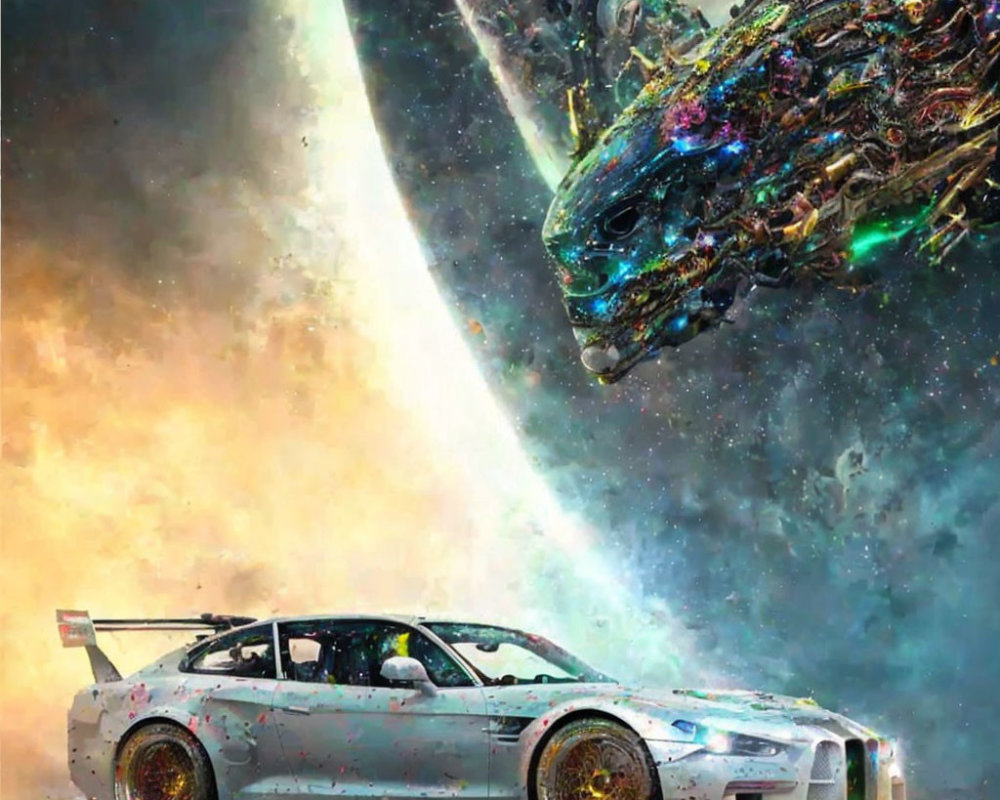 White Sports Car with Gold Rims on Celestial Background with Nebula and Spaceship