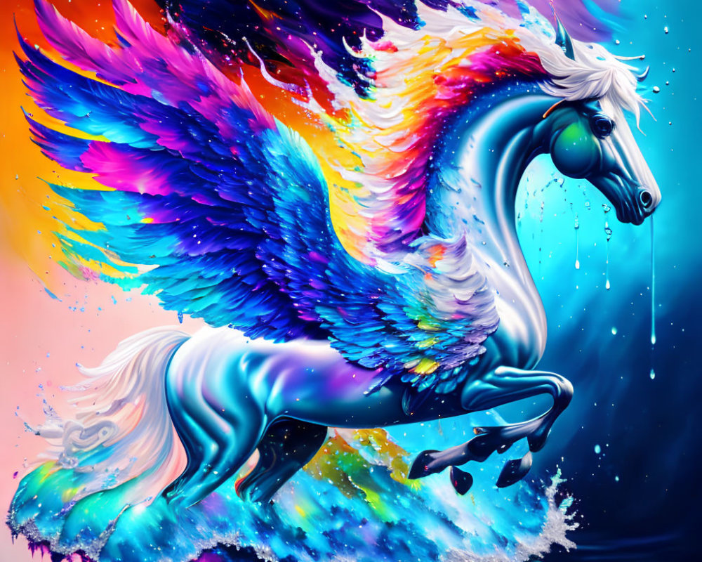 Colorful digital art: Majestic Pegasus with cosmic background