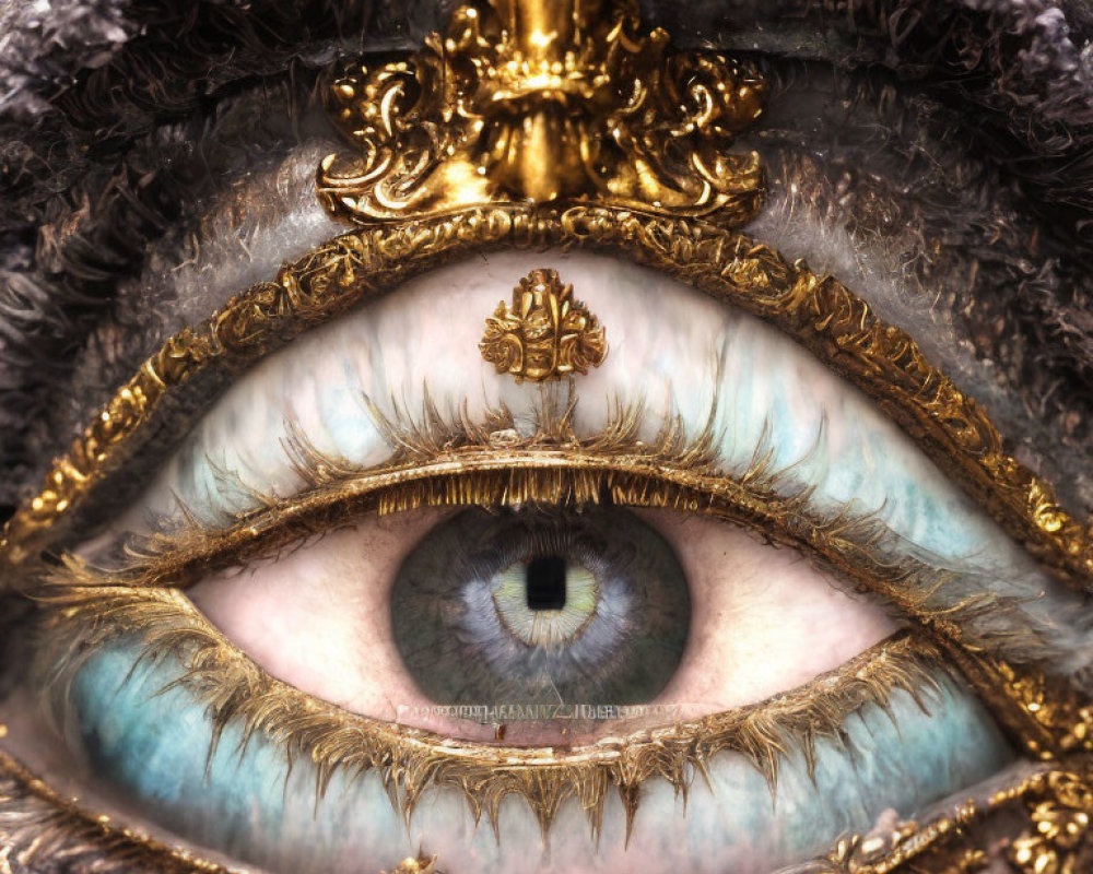 Detailed Close-Up of Surreal Human Eye with Golden Frames and Fur-Like Textures