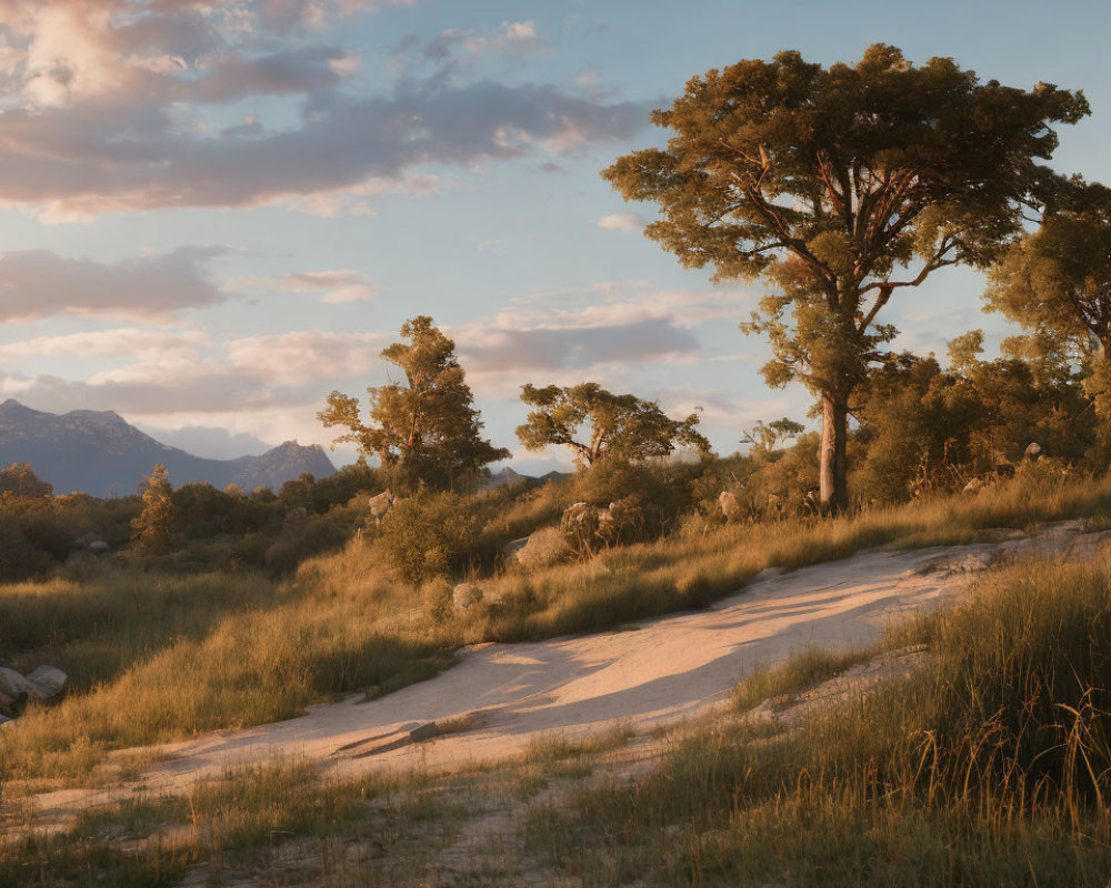 Tranquil Golden Hour Landscape with Winding Path and Tree