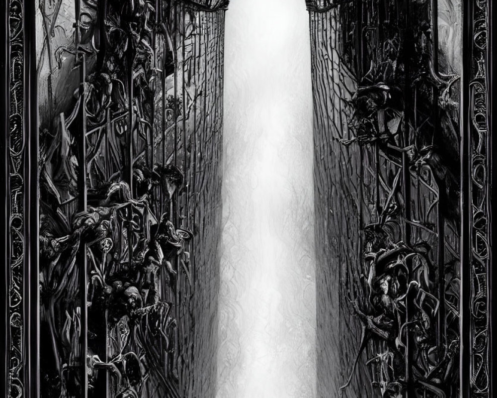 Monochrome fantasy artwork featuring figures at ornate archway