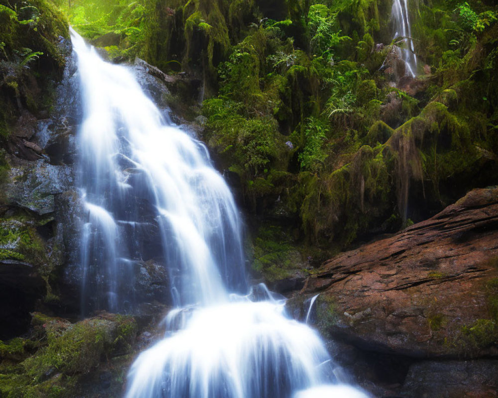 Tranquil waterfall over mossy rocks in lush setting