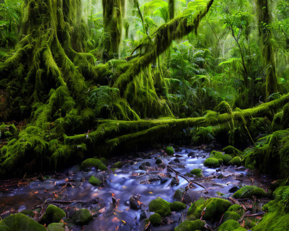 Serene forest with moss-covered trees and flowing stream