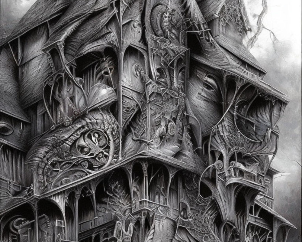 Detailed Monochrome Illustration of Whimsical Haunted House & Gothic Features