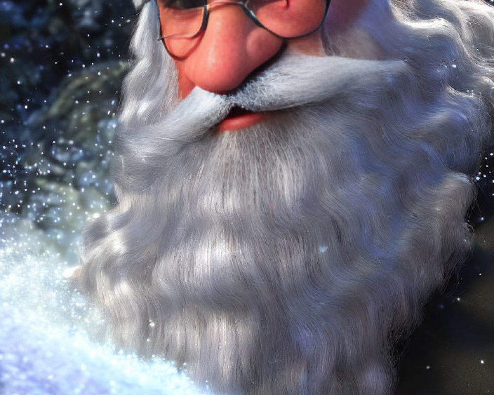 Close-up of Santa Claus with glasses, red hat, and white beard on snowy backdrop