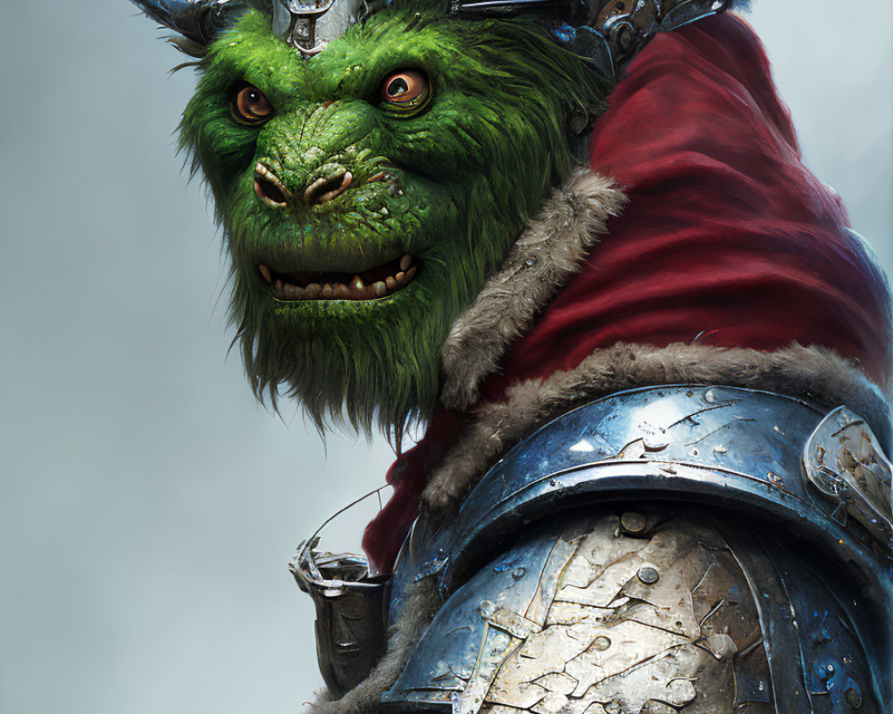 Fantasy creature with green fur, tusks, horns, medieval armor, and red cloak