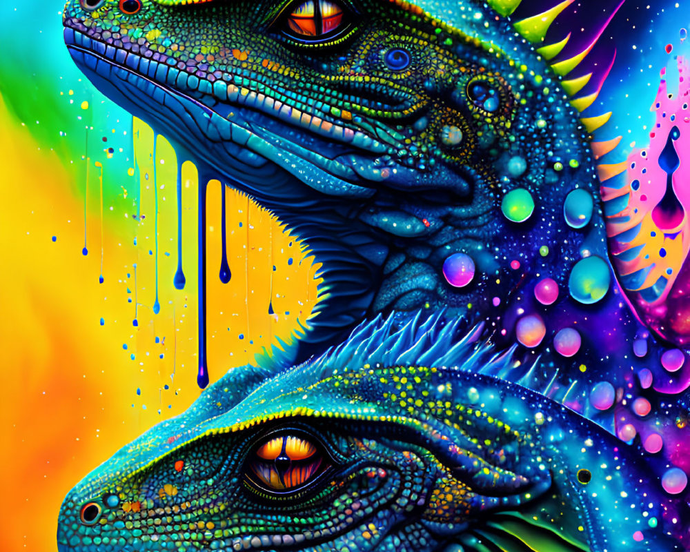 Colorful Psychedelic Iguanas Artwork on Neon Background