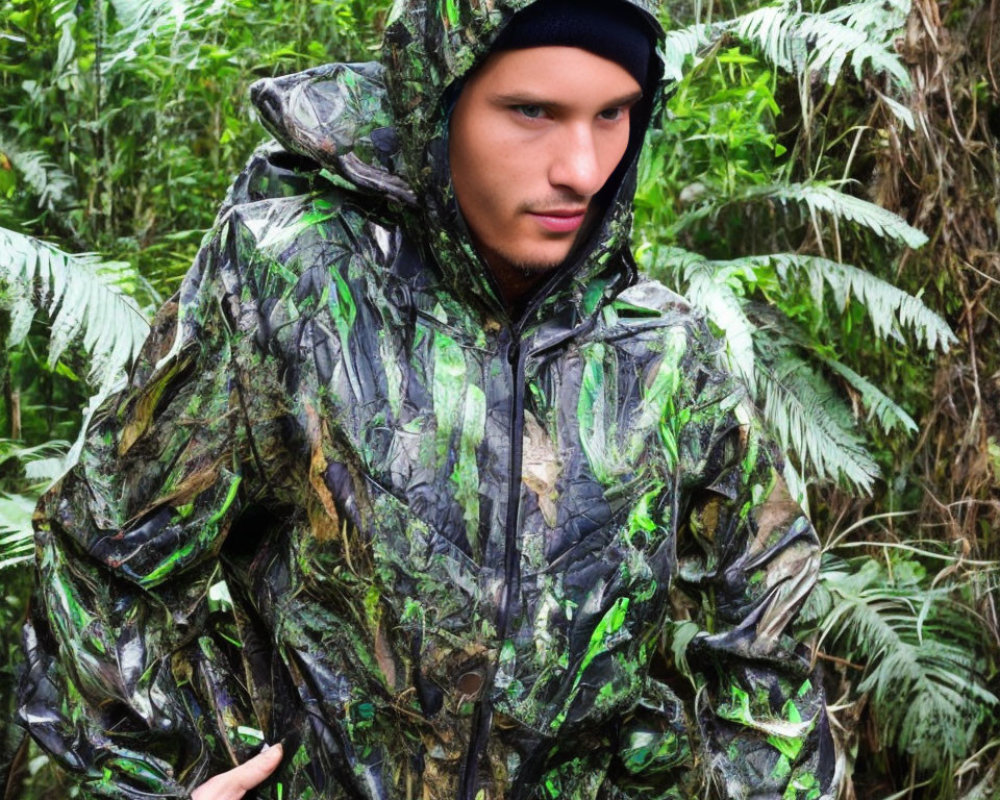 Man in Camouflage Jacket and Beanie in Lush Green Forest