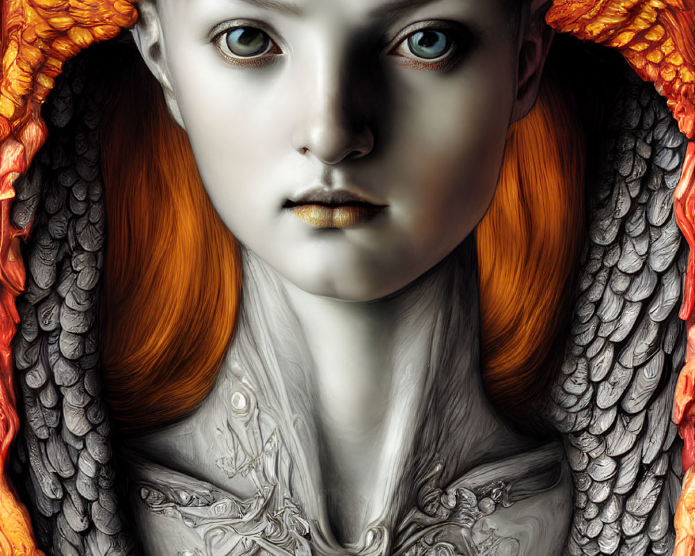 Pale woman with blue eyes and orange hair in dragon-themed headdress