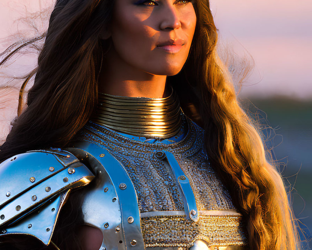 Medieval woman in elaborate armor gazes under sunset glow