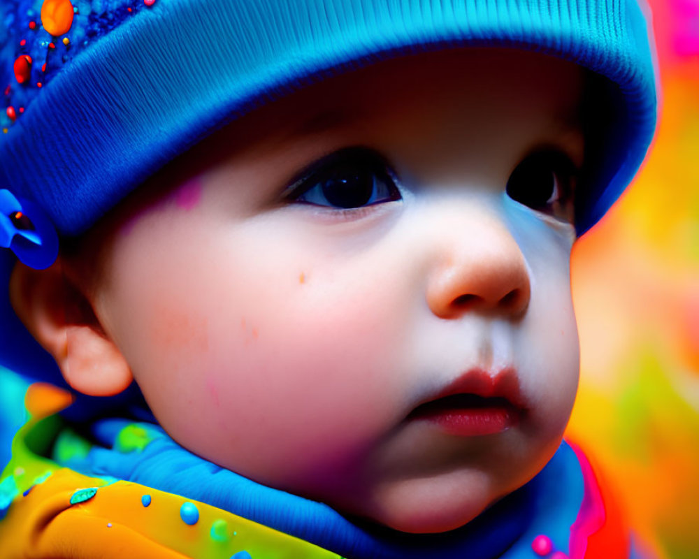 Toddler in Blue Hat and Colorful Outfit on Abstract Background