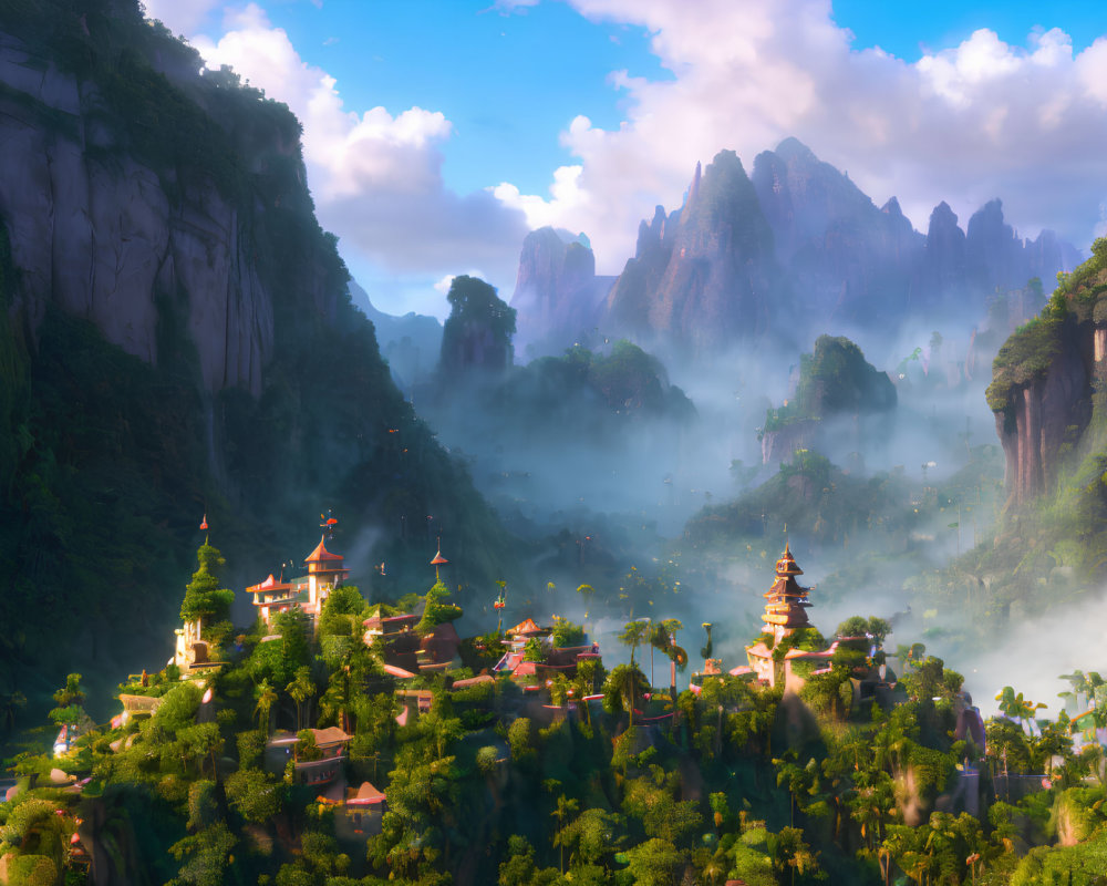 Mystical mountain village with pagoda-style buildings in foggy setting