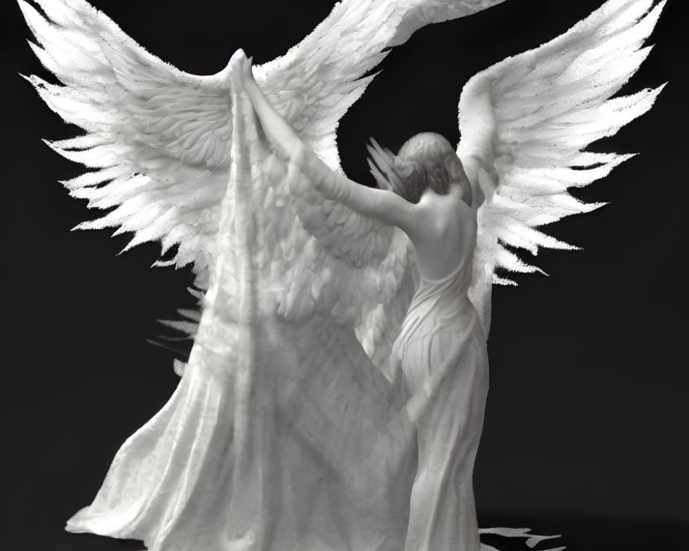 Detailed Angel Sculpture with Spread Wings and Flowing Robe