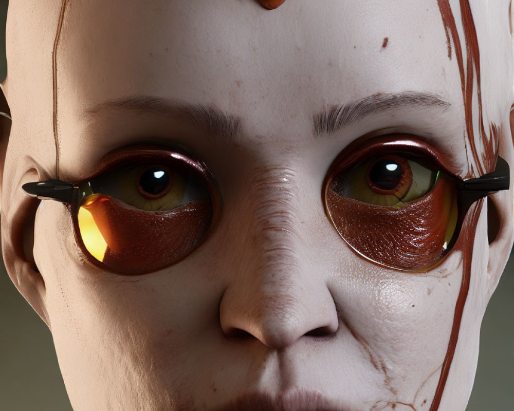 Detailed Image: Pale-skinned humanoid with dark eyes and amber irises, blood-like substance on head