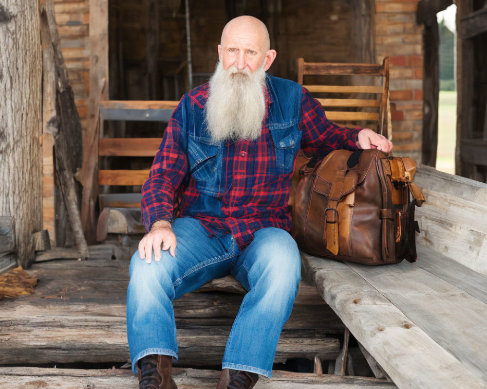 Elderly man in denim overalls sitting on wooden porch