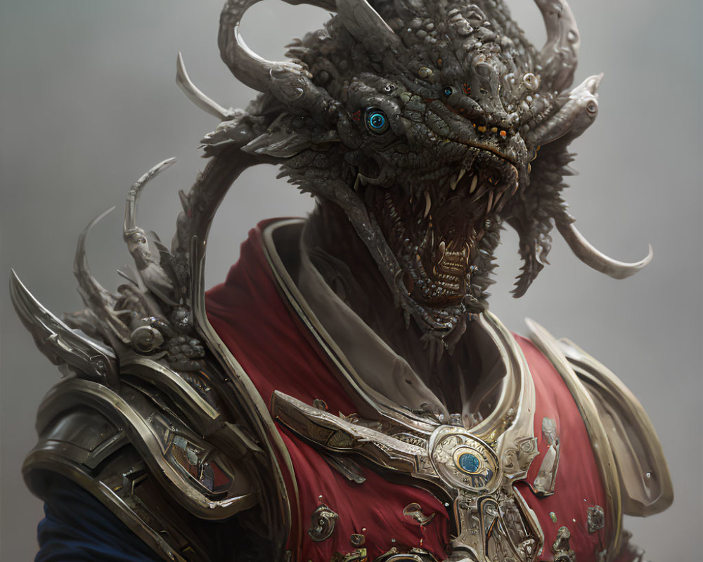 Dragon-headed humanoid in ornate armor with blue eyes, fangs, horns, and red cloak